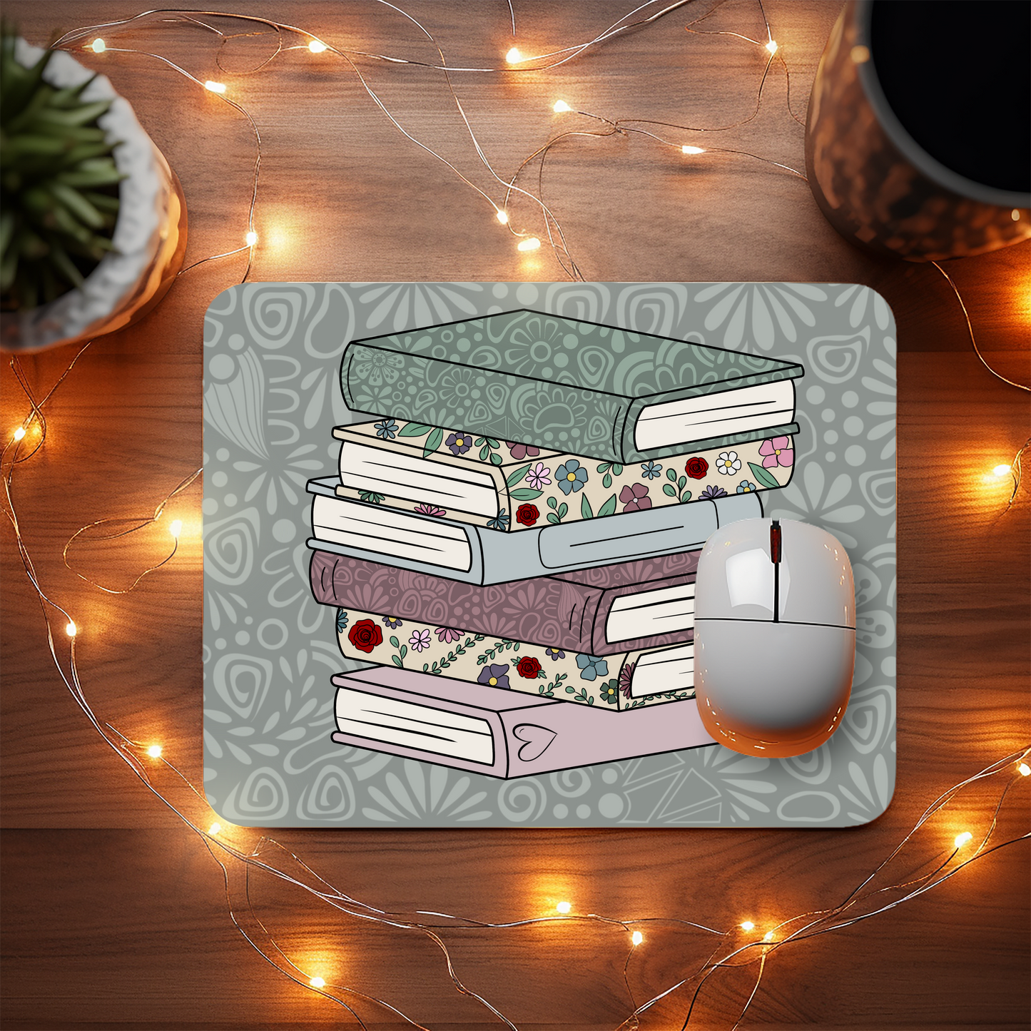 Sage Flower Book Stack Mousepad